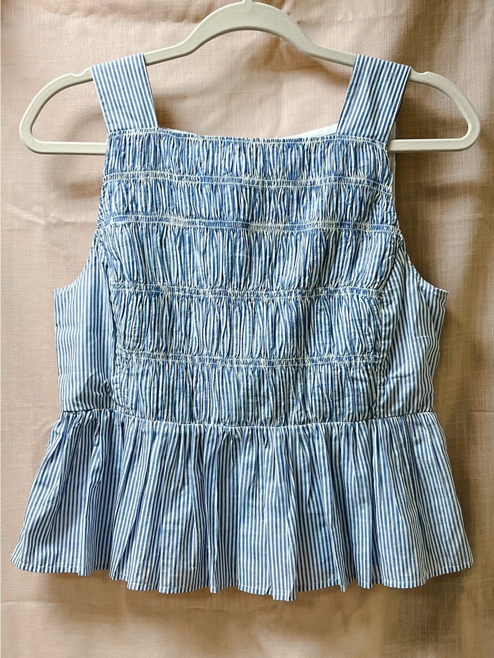 J. Crew Factory Blue and White Striped Smocked Peplum Lined Sleeveless Blouse